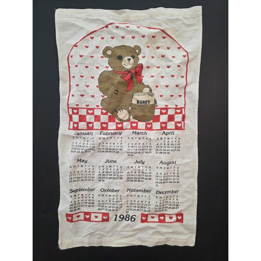 VTG Linen TeaTowel 1986 Calender TeddyBear HoneyPot 23"x14" RedHearts Grannycore